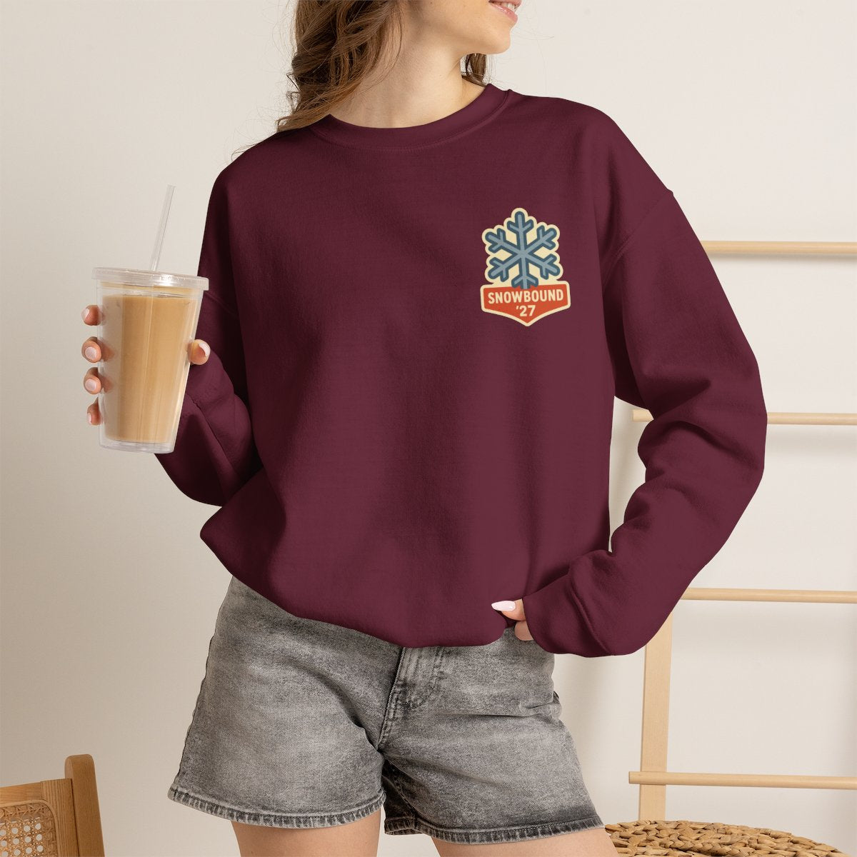 Matching Ski Trip Sweatshirt - Maroon worn by a model | MR7ART