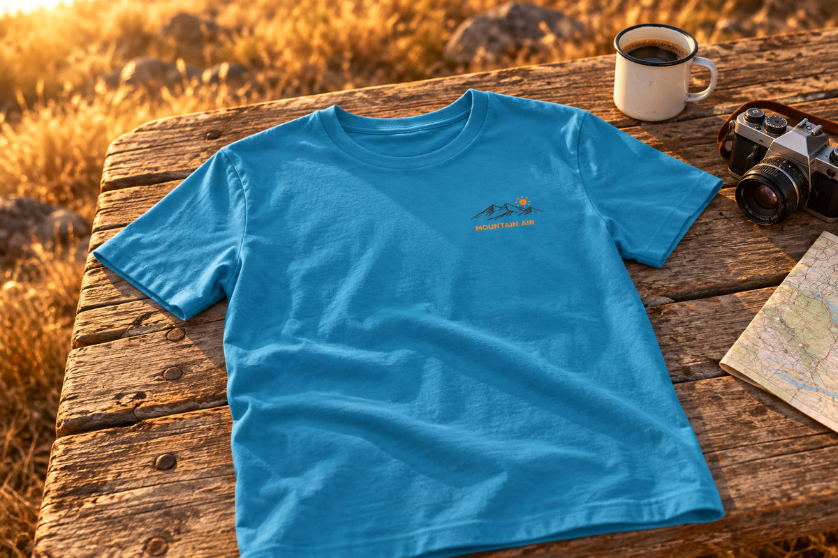 Mountain Sunrise Tee - Aqua on a rustic wooden table | MR7ART