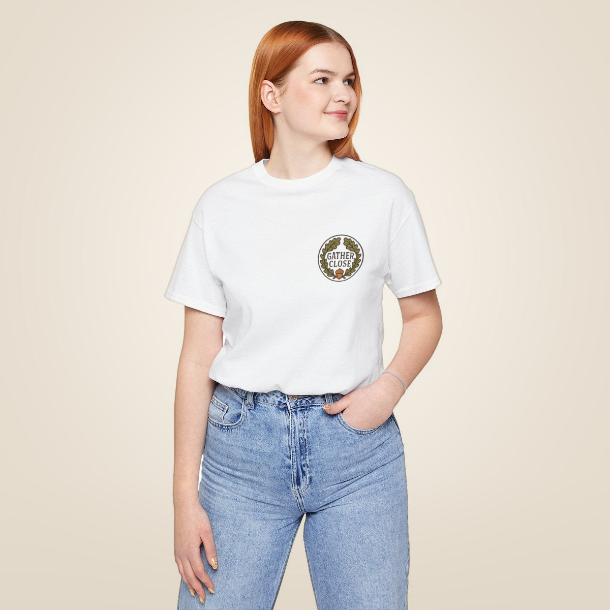 Thanksgiving Wreath Tee - White worn by a model | MR7ART