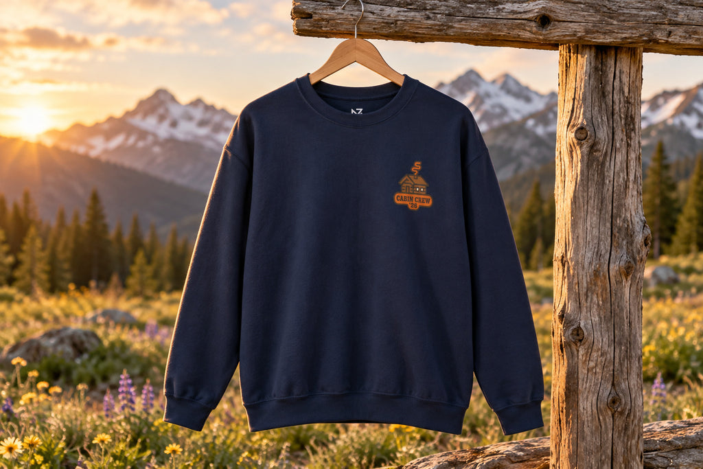 Matching Cabin Crew Sweatshirt - Navy on a wooden hanger outdoors | MR7ART