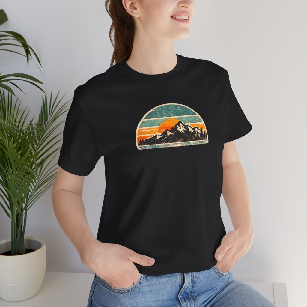 Retro Mountain Sunset Tee - Black worn by a model | MR7ART