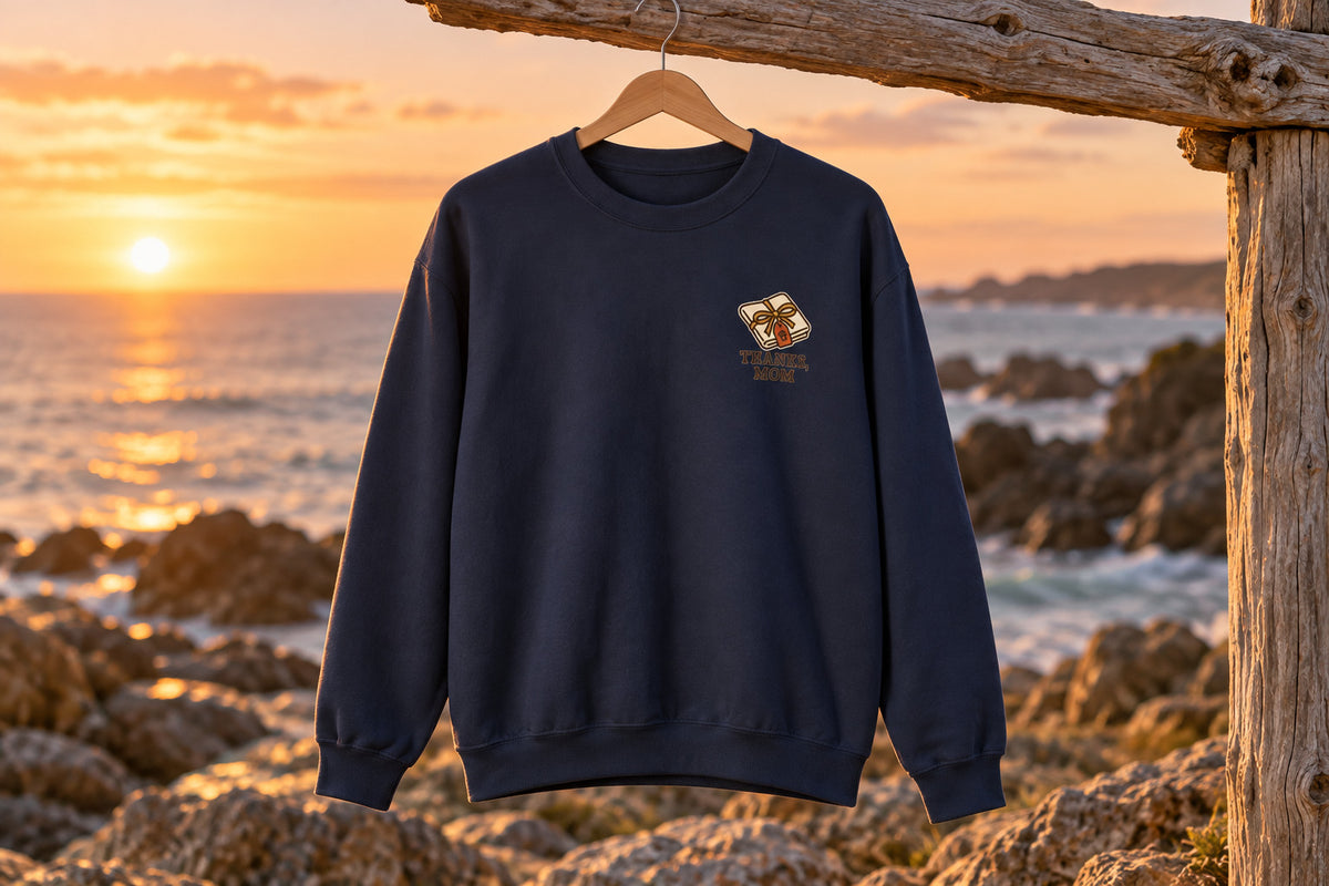Thanks Mom Thanksgiving Sweatshirt - Navy on a wooden hanger outdoors | MR7ART