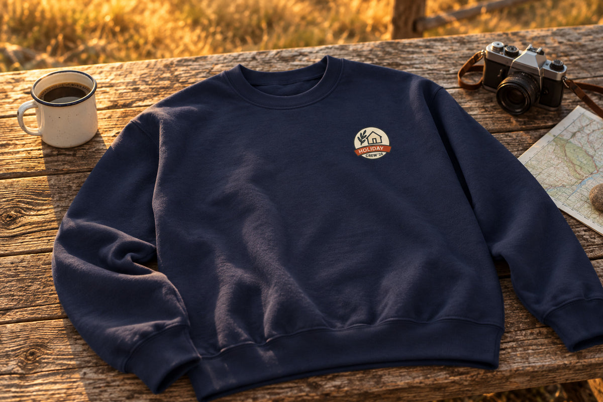 Family Holiday Matching Sweatshirt - Navy on a rustic wooden table | MR7ART