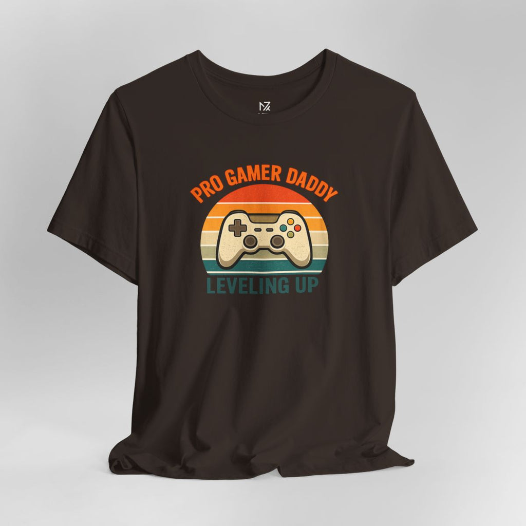 Pro Gamer Daddy Leveling Up T-Shirt - Brown flat lay | MR7ART