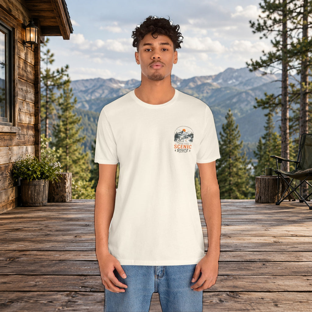 Scenic Route Graphic Tee — Vintage Road Trip Pocket Design - Natural worn by a model | MR7ART