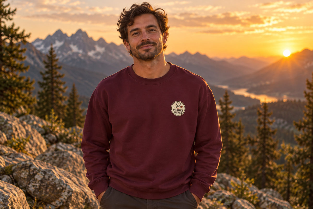 Nurse Thanksgiving Sweatshirt - Maroon worn by a model | MR7ART