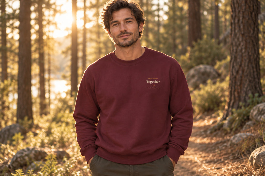 Couples Thanksgiving Sweatshirt - Maroon worn by a model | MR7ART