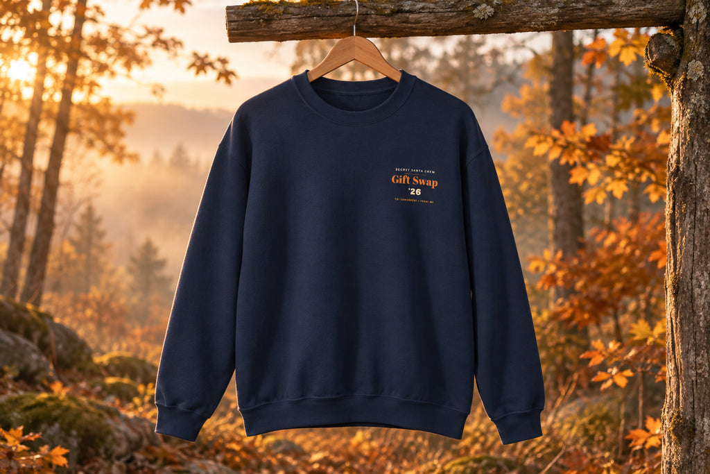 Secret Santa Sweatshirt - Navy on a wooden hanger outdoors | MR7ART