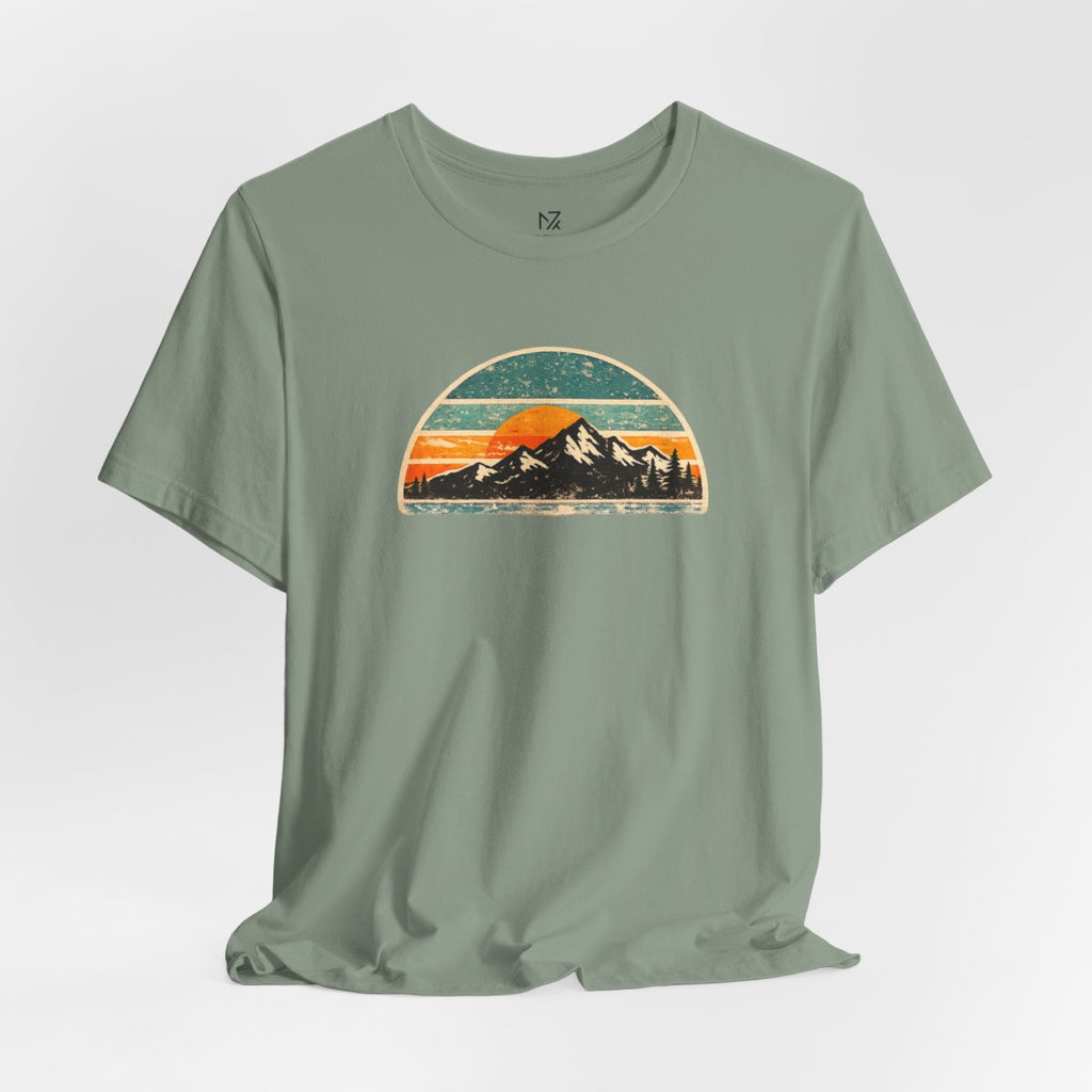 Retro Mountain Sunset Tee - Sage flat lay | MR7ART