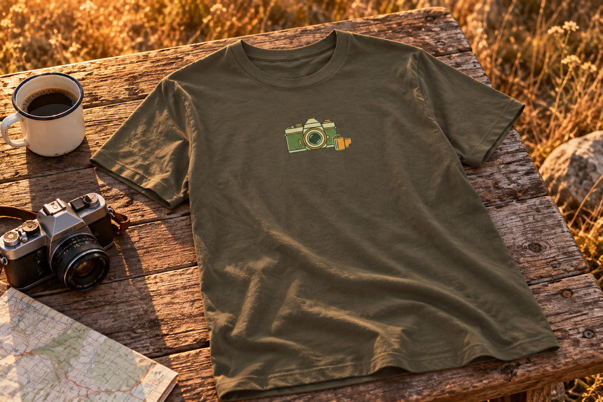 Retro Film Camera tee - Army on a rustic wooden table | MR7ART
