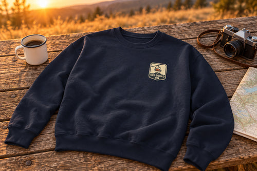 Ski Trip Sweatshirt - Navy on a rustic wooden table | MR7ART