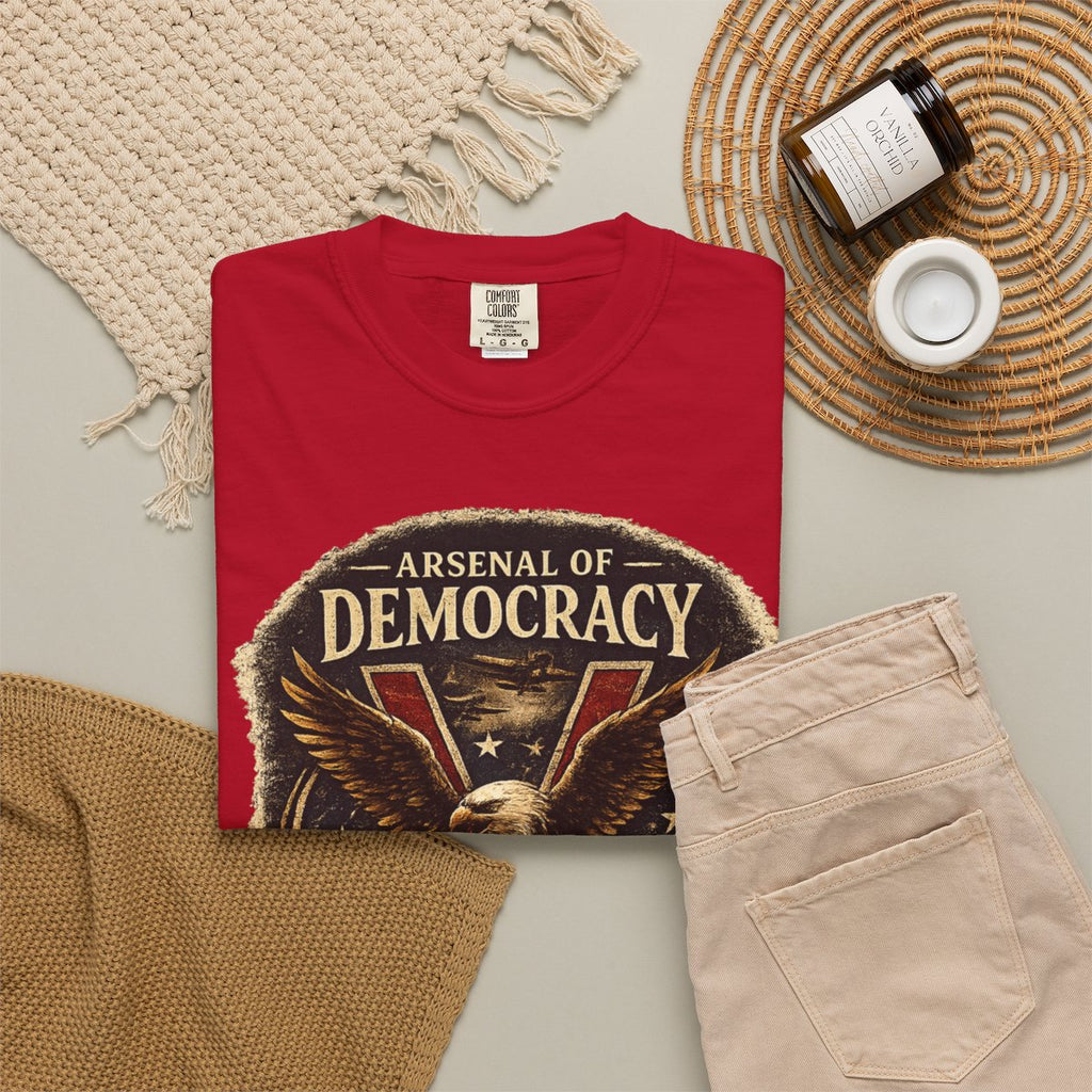 Arsenal of Democracy Shirt, WWII Patriotic Tee, Vintage Eagle Graphic T-Shirt, Freedom Defended 1941 1945 Shirt, American Pride Tee - Red product photo | MR7ART