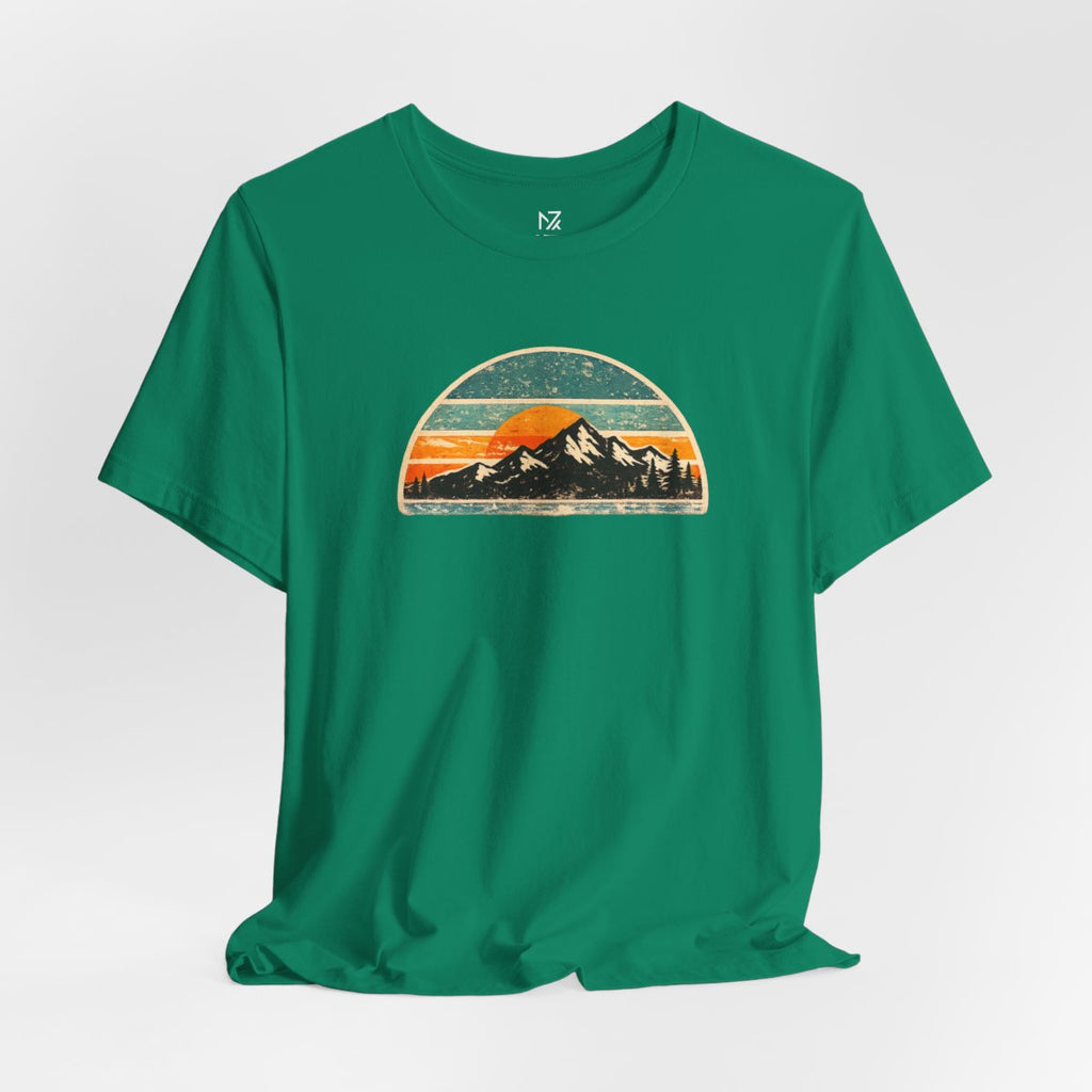 Retro Mountain Sunset Tee - Kelly flat lay | MR7ART