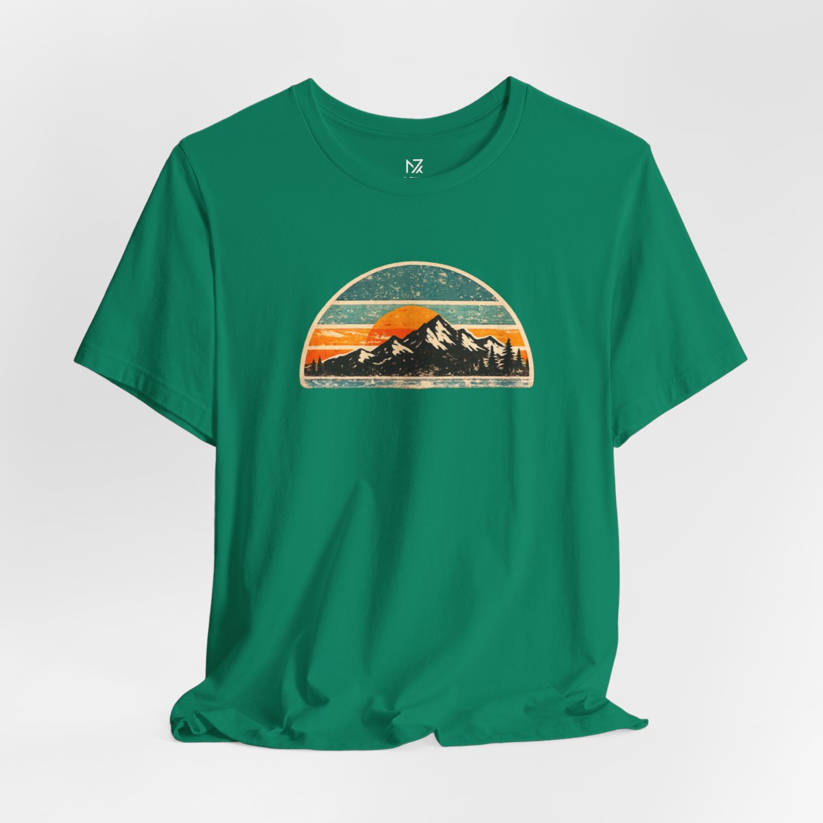 Retro Mountain Sunset Tee - Kelly flat lay | MR7ART