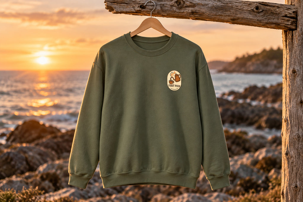 Pour Over Coffee Sweatshirt - Military Green on a wooden hanger outdoors | MR7ART