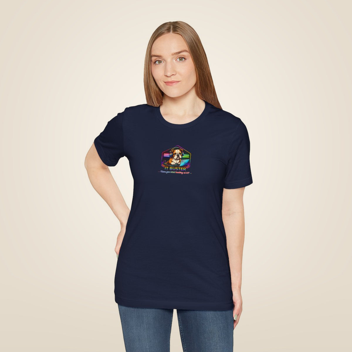 Retro Rainbow Dog Badge T-Shirt - Navy worn by a model | MR7ART