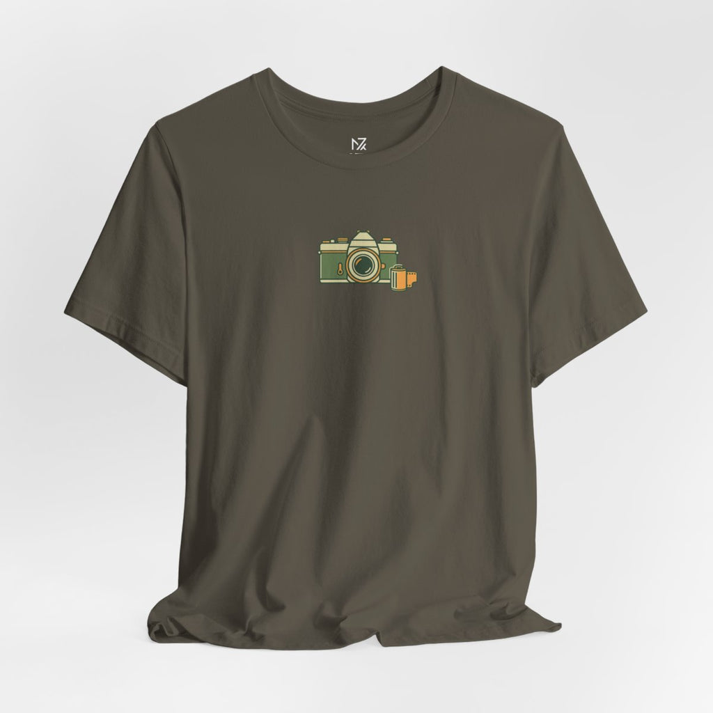 Retro Film Camera tee - Army flat lay | MR7ART