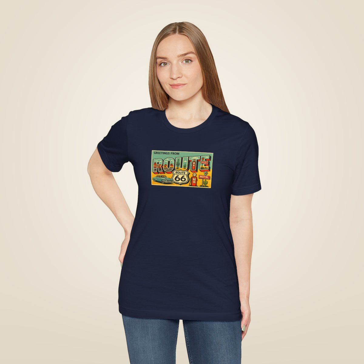 Route 66 Postcard design T-Shirt - Navy worn by a model | MR7ART