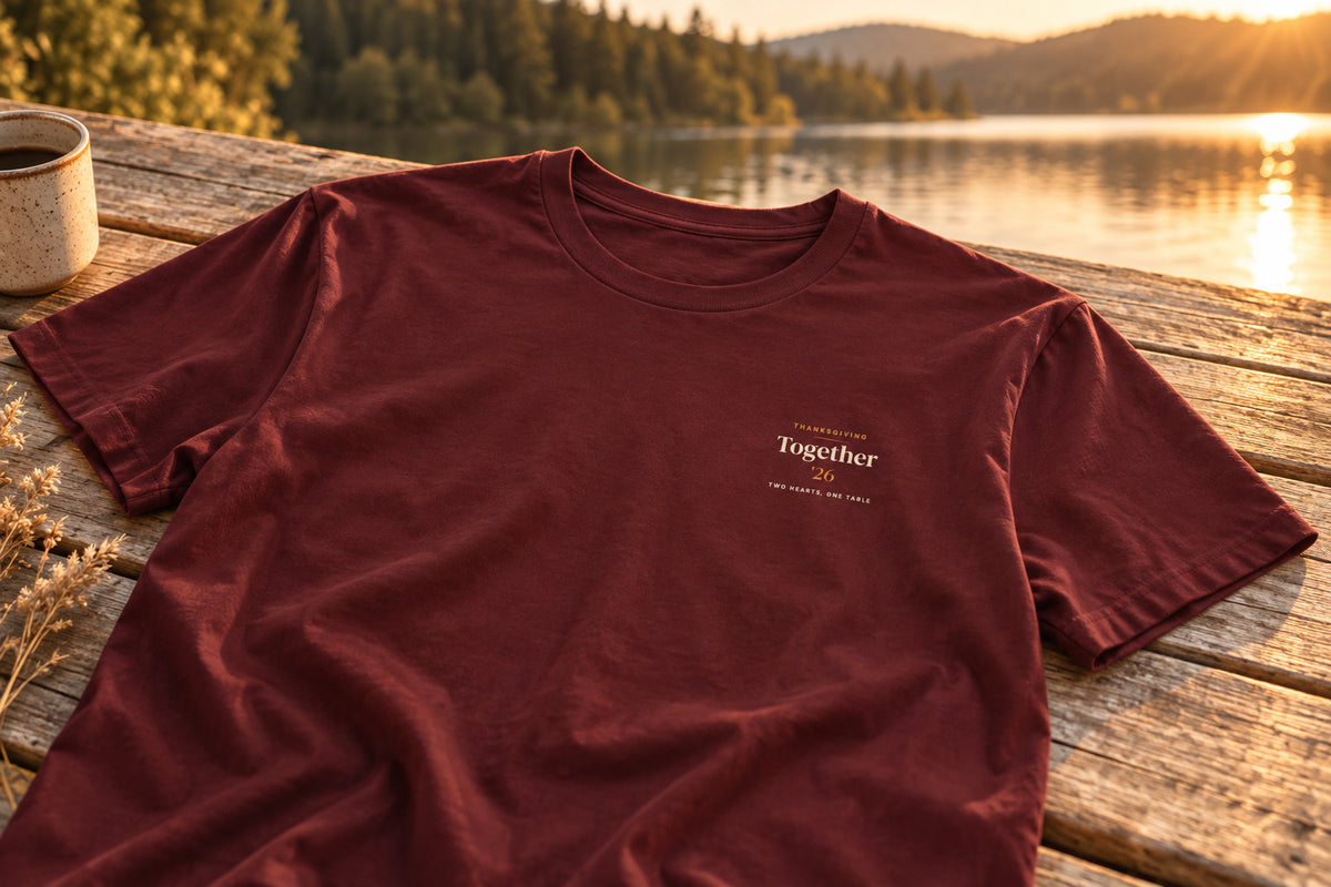 Couples Thanksgiving Tee - Maroon on a rustic wooden table | MR7ART