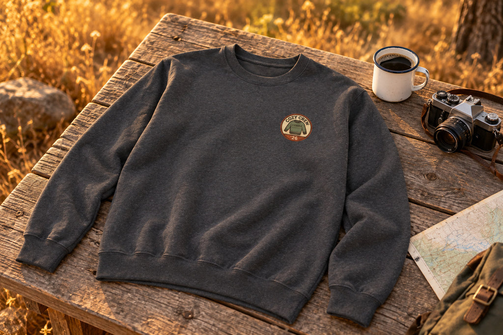 Matching Family Christmas Sweatshirt - Dark Heather on a rustic wooden table | MR7ART