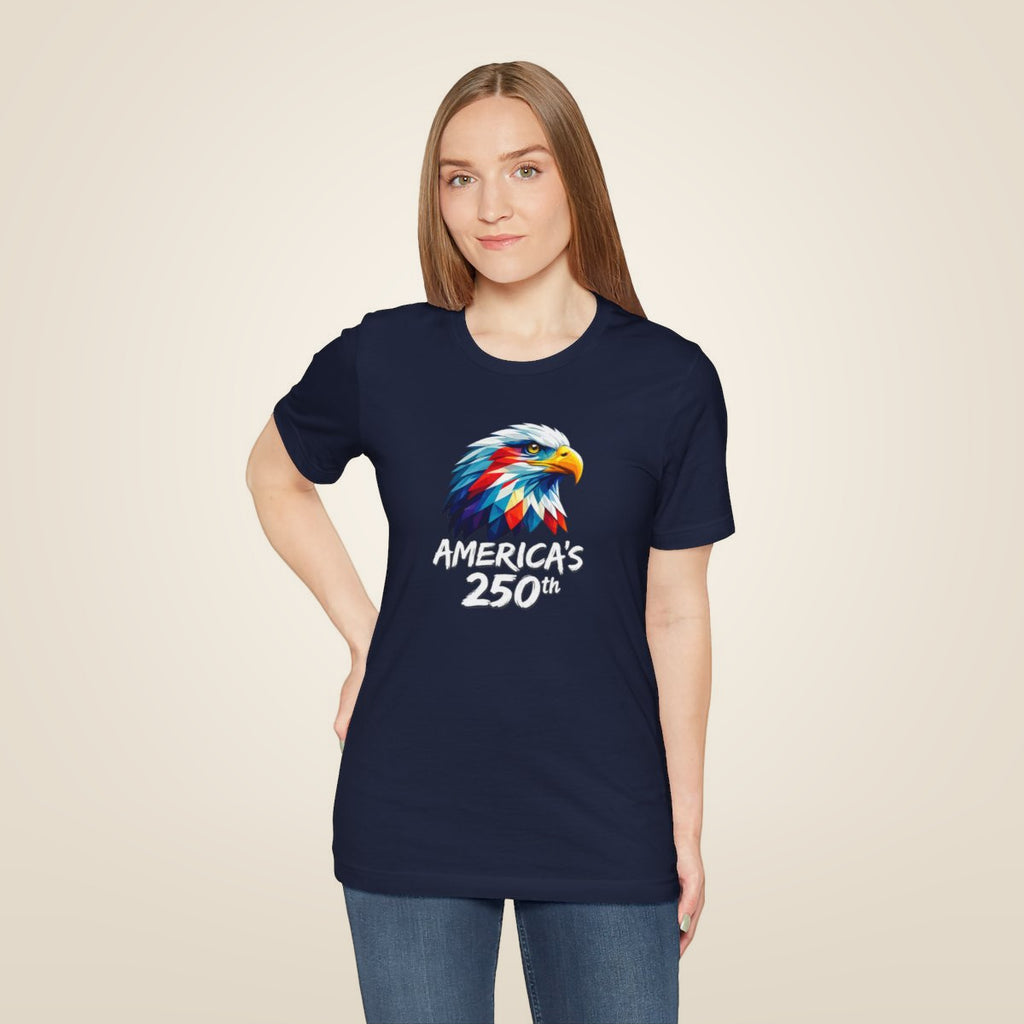 Colorful Geometric Eagle America's 250th T-Shirt - Navy worn by a model | MR7ART