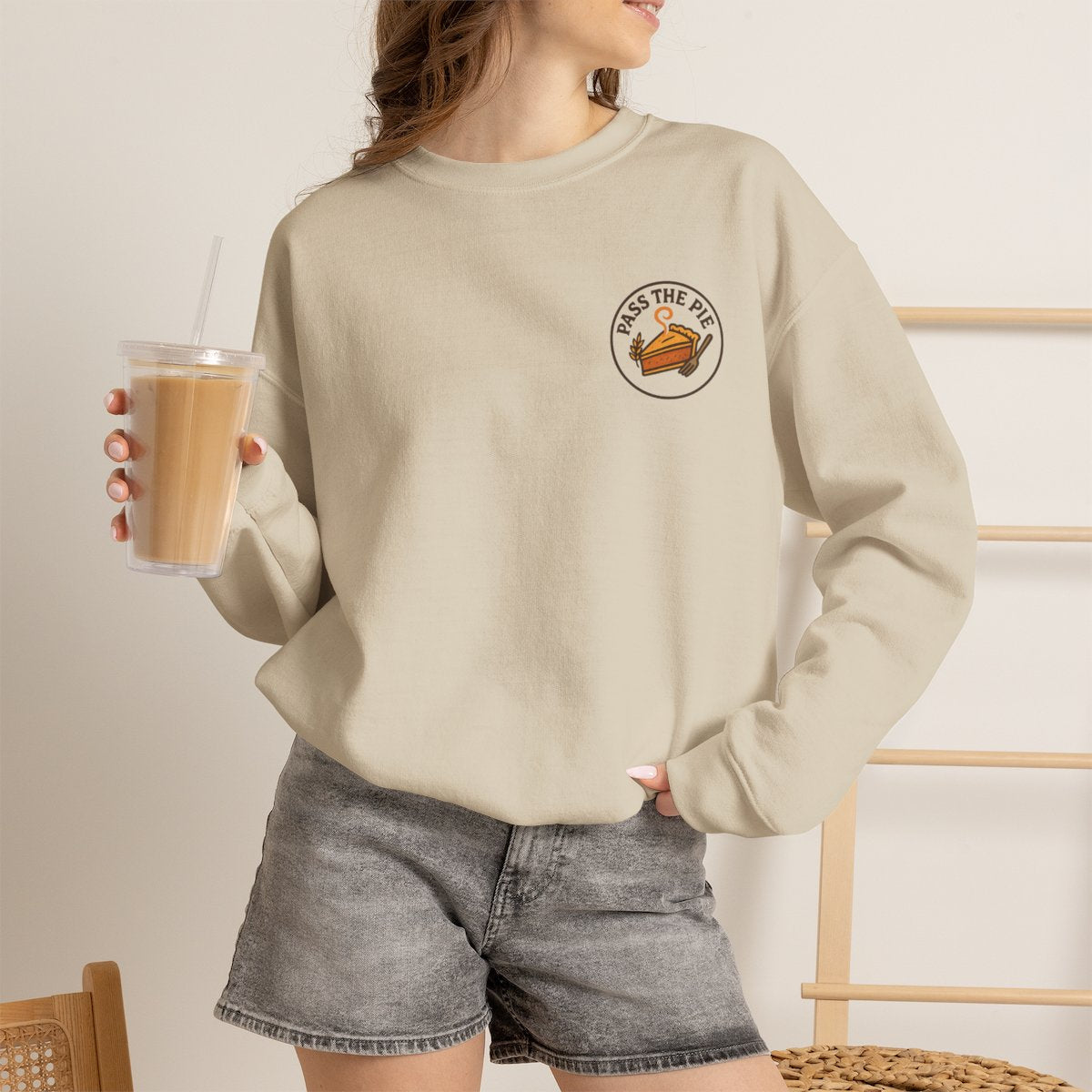 Friendsgiving Sweatshirt - Sand worn by a model | MR7ART