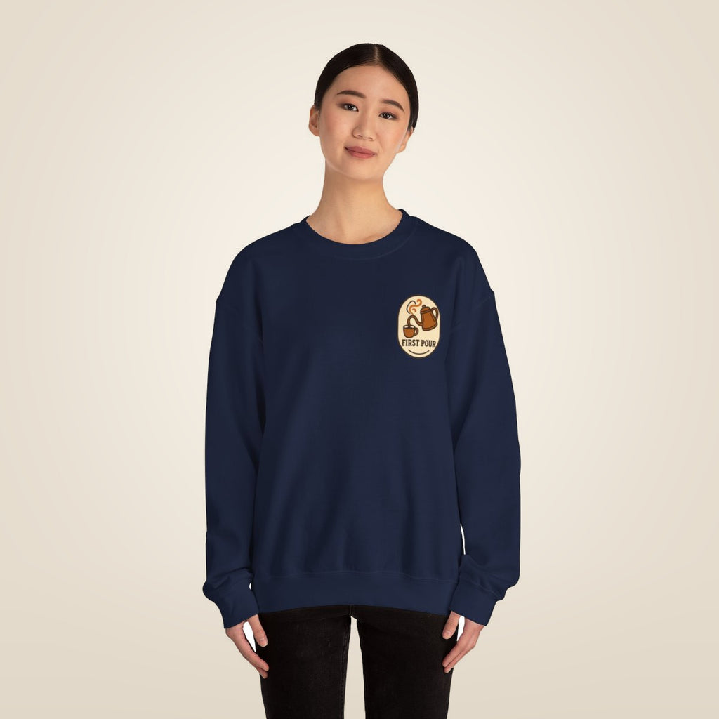 Pour Over Coffee Sweatshirt - Navy worn by a model | MR7ART