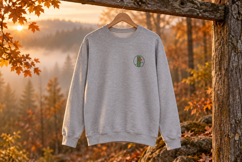 Hiking Sweatshirt - Sport Grey on a wooden hanger outdoors | MR7ART