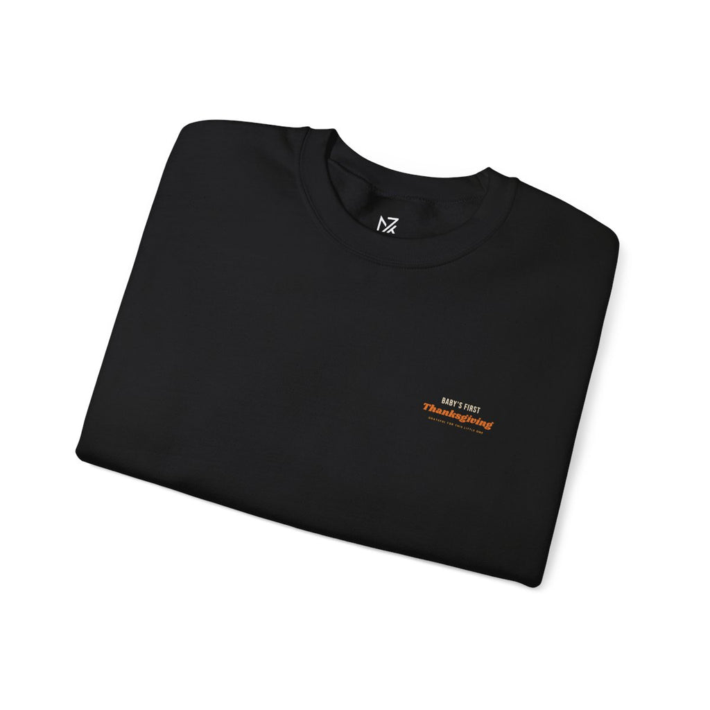 Baby's First Thanksgiving Sweatshirt - Black worn by a model | MR7ART