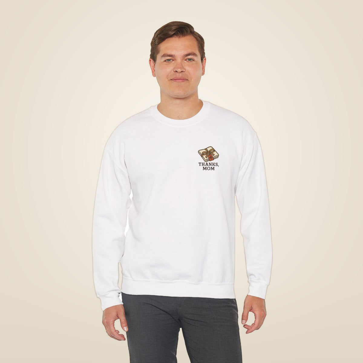 Thanks Mom Thanksgiving Sweatshirt - White worn by a model | MR7ART