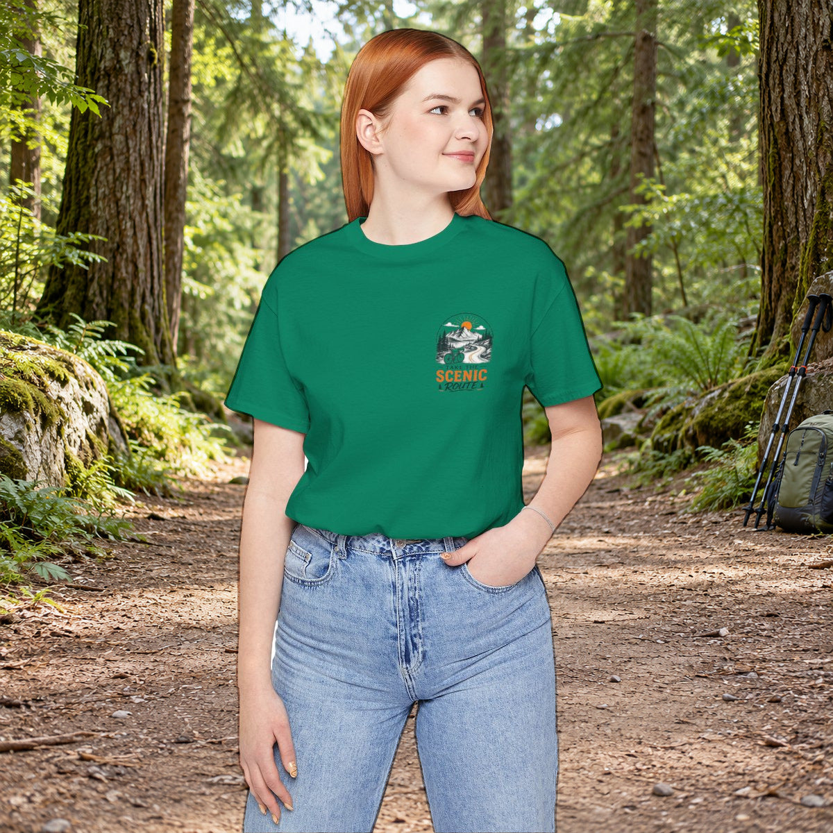 Scenic Route Graphic Tee — Vintage Road Trip Pocket Design - Kelly worn by a model | MR7ART