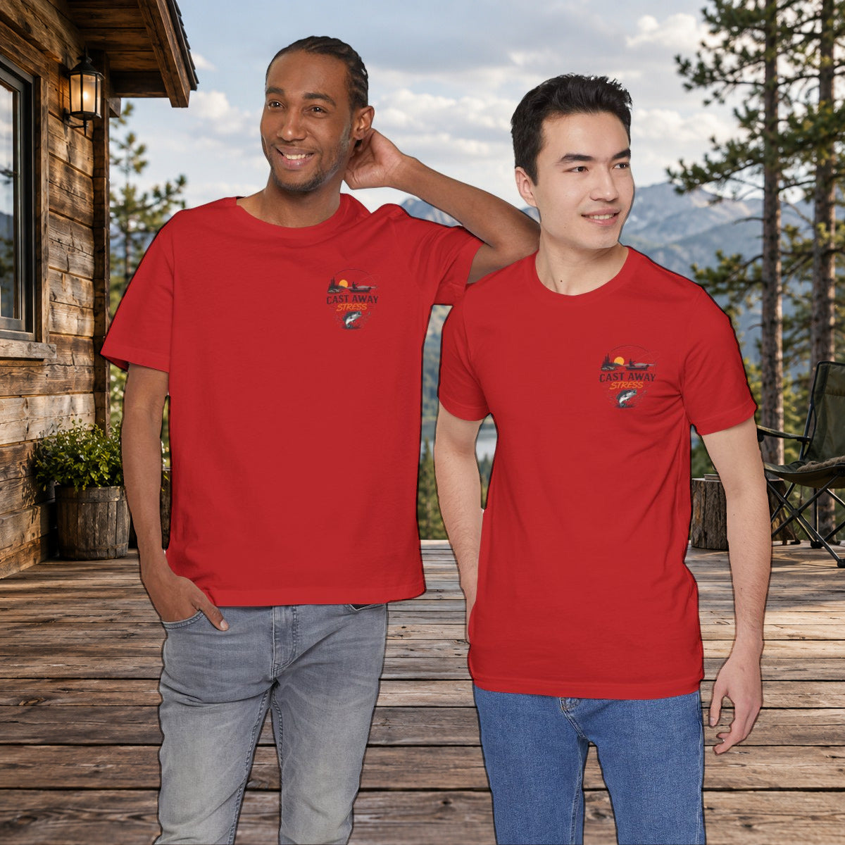 Fishing T-Shirt - "Cast Away" Graphic Tee with Sunset & Bass - Red worn by a model | MR7ART