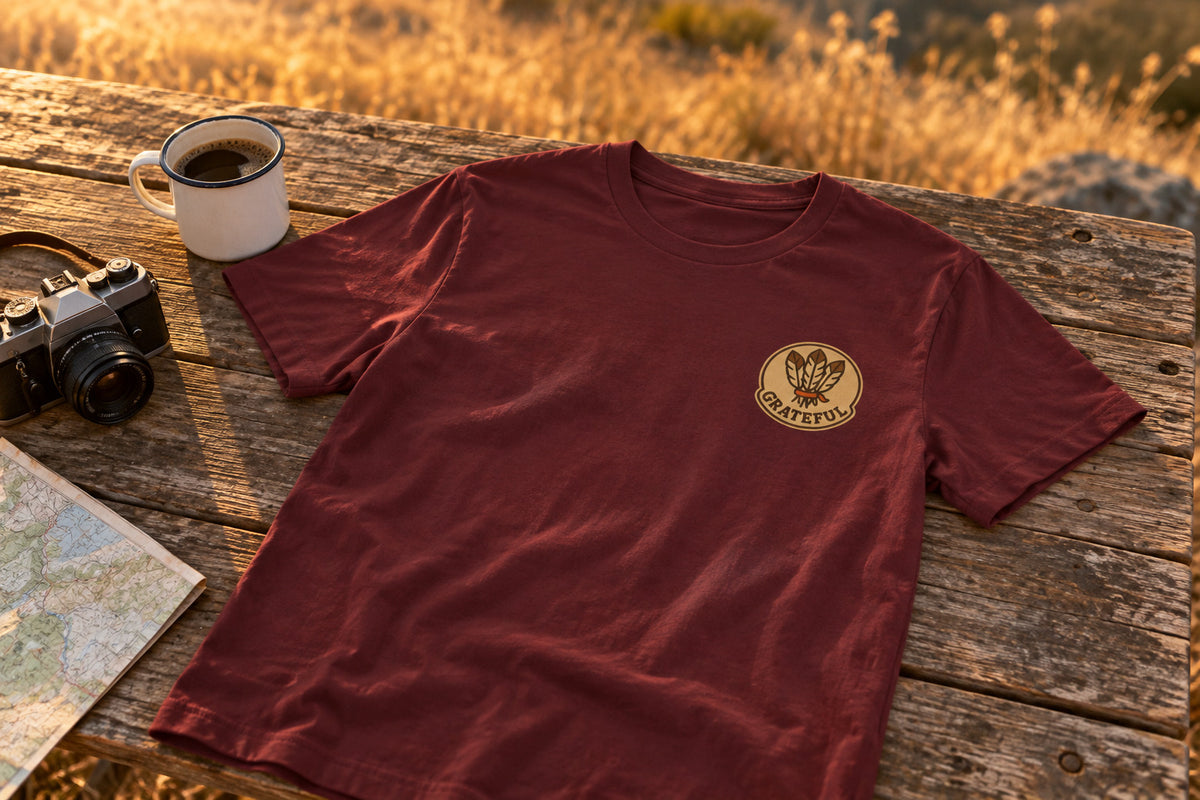 Thanksgiving Hostess Gift Tee - Maroon on a rustic wooden table | MR7ART