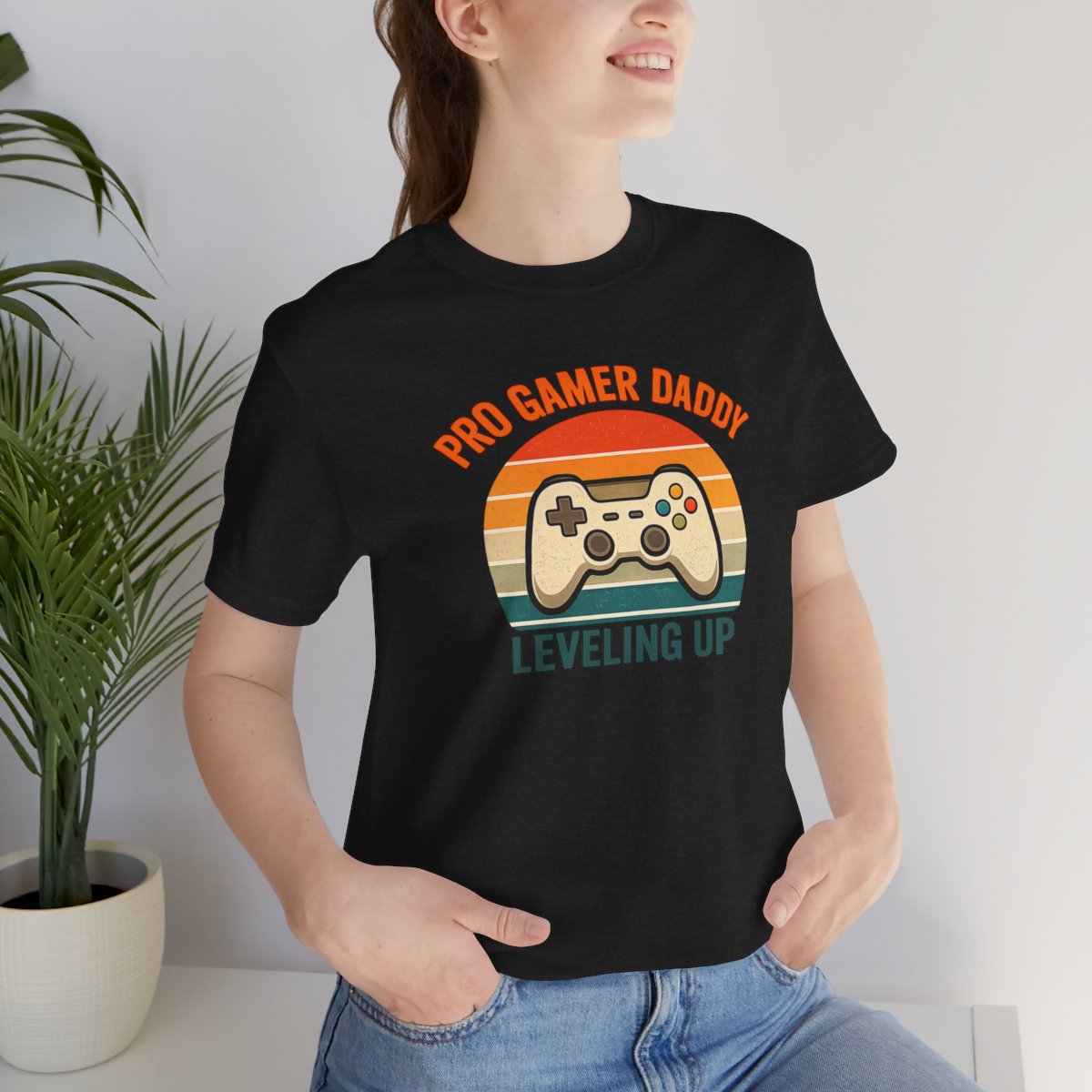 Pro Gamer Daddy Leveling Up T-Shirt - Black Heather worn by a model | MR7ART