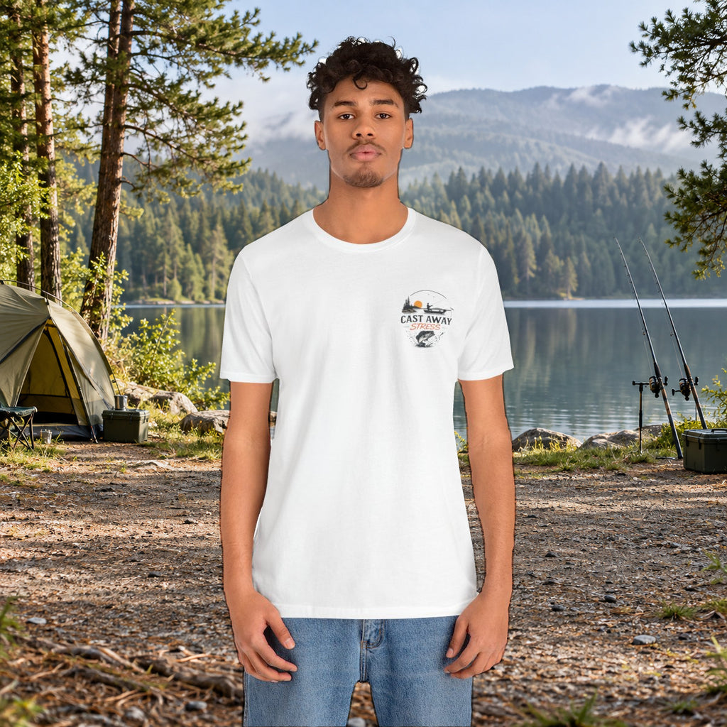 Fishing T-Shirt - "Cast Away" Graphic Tee with Sunset & Bass - White worn by a model | MR7ART