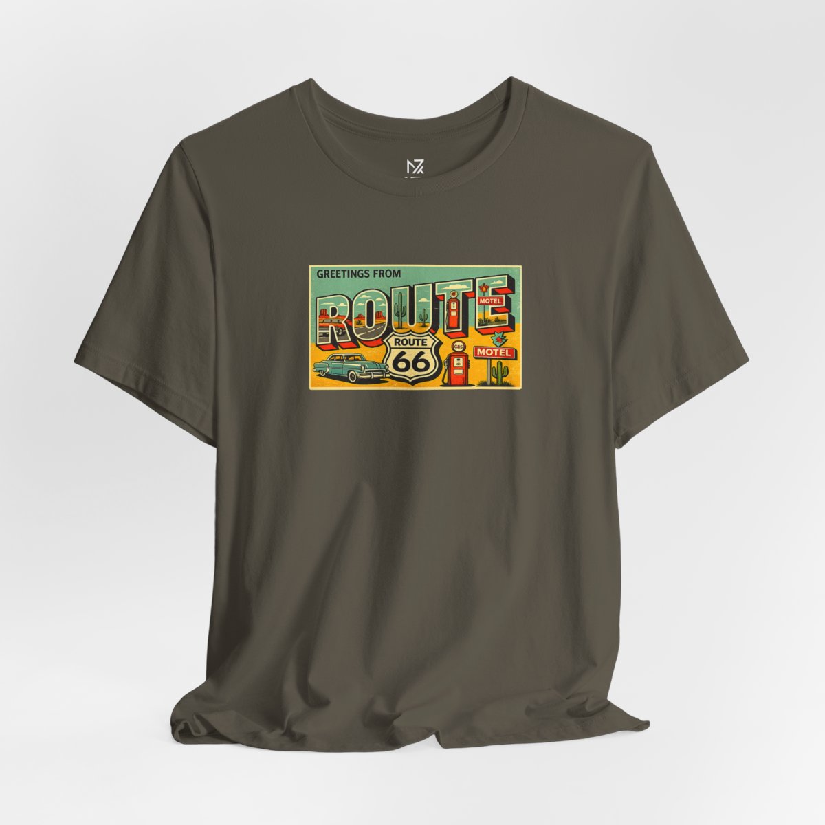 Route 66 Postcard design T-Shirt - Army flat lay | MR7ART