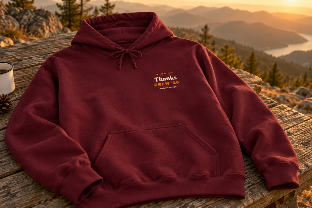 Friendsgiving Hoodie - Maroon on a rustic wooden table | MR7ART
