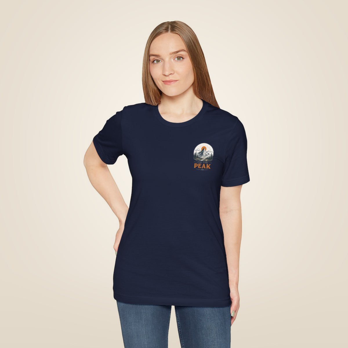 Peak Mountain Tee — Retro Sunrise Hiking T-Shirt - Navy worn by a model | MR7ART