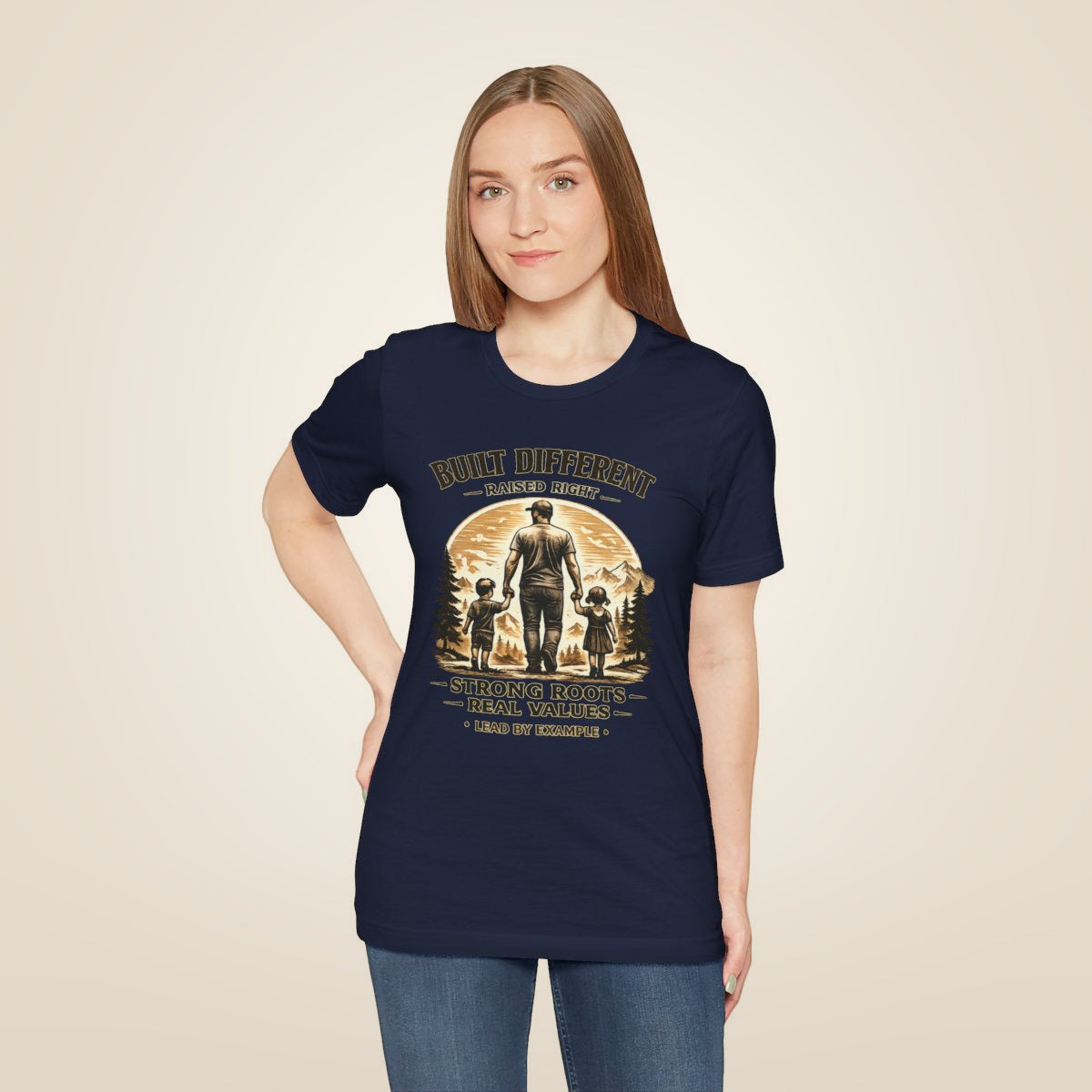 Built Different Raised Right shirt - Navy worn by a model | MR7ART