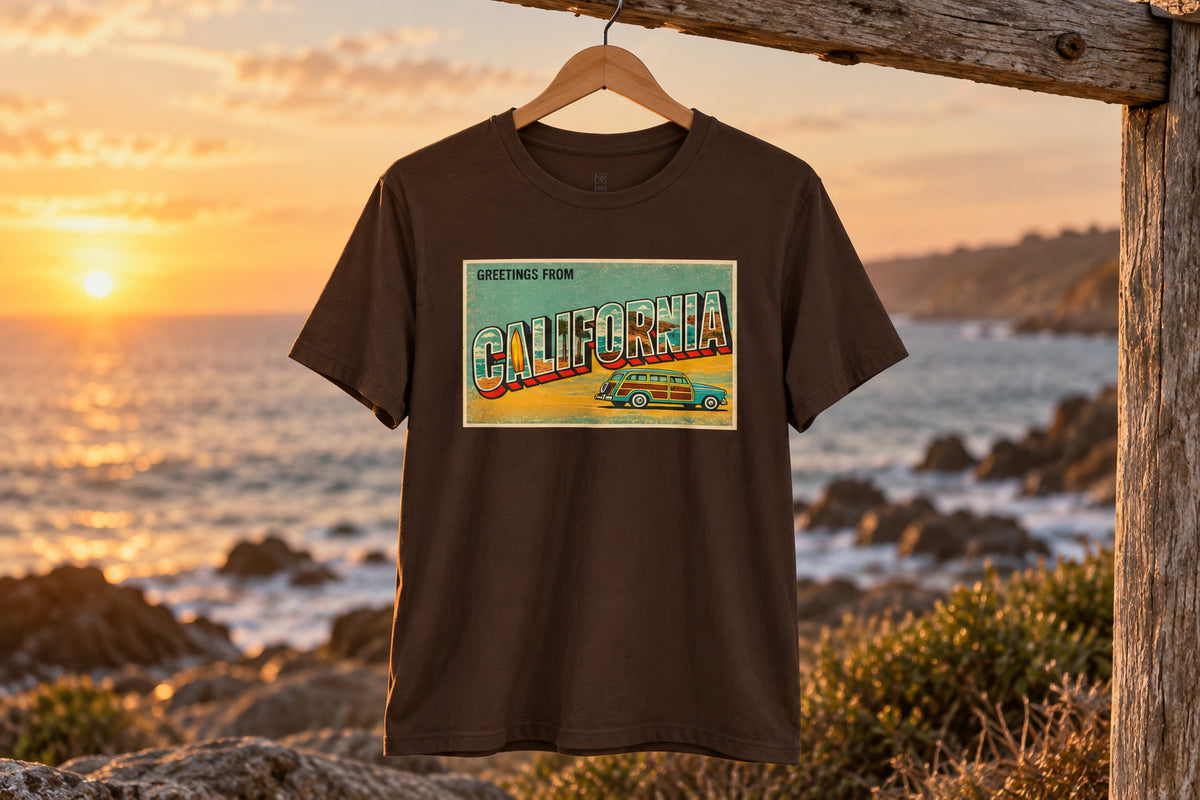 Unisex Jersey Short Sleeve Tee - Brown on a wooden hanger outdoors | MR7ART