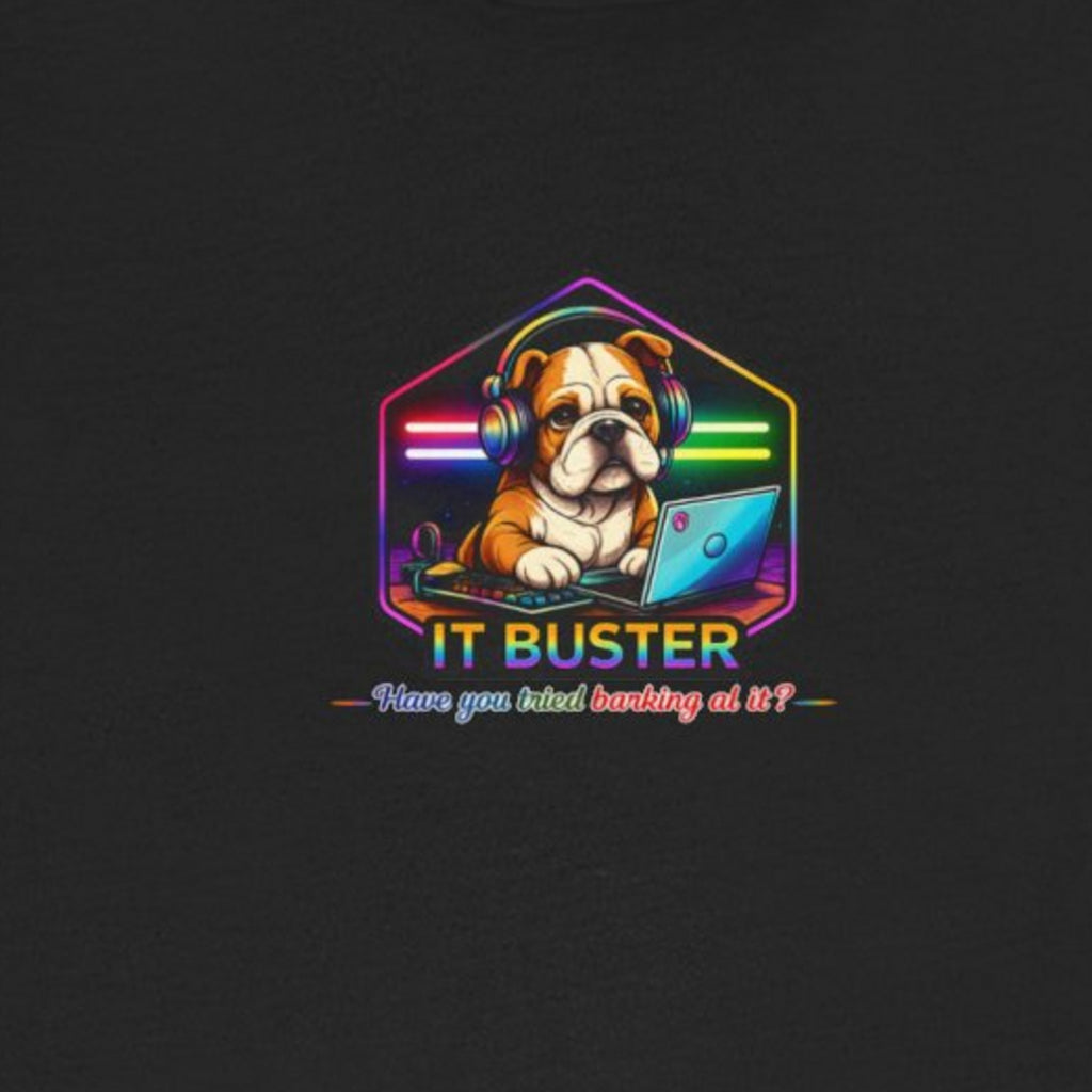Retro Rainbow Dog Badge T-Shirt - Black worn by a model | MR7ART
