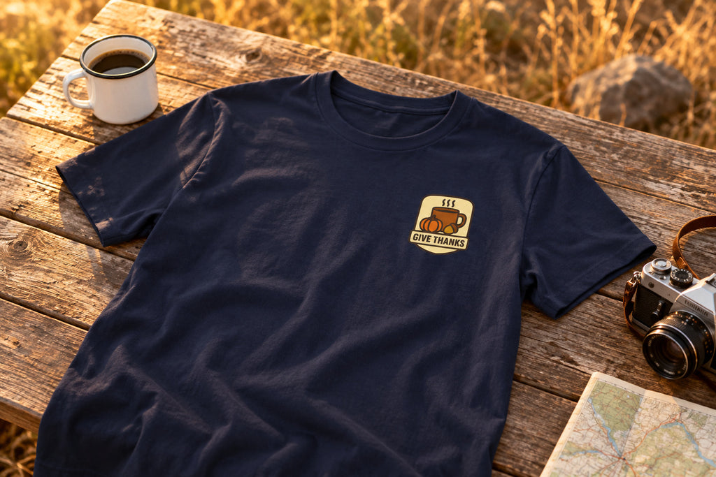 Thanksgiving Tee - Navy on a rustic wooden table | MR7ART