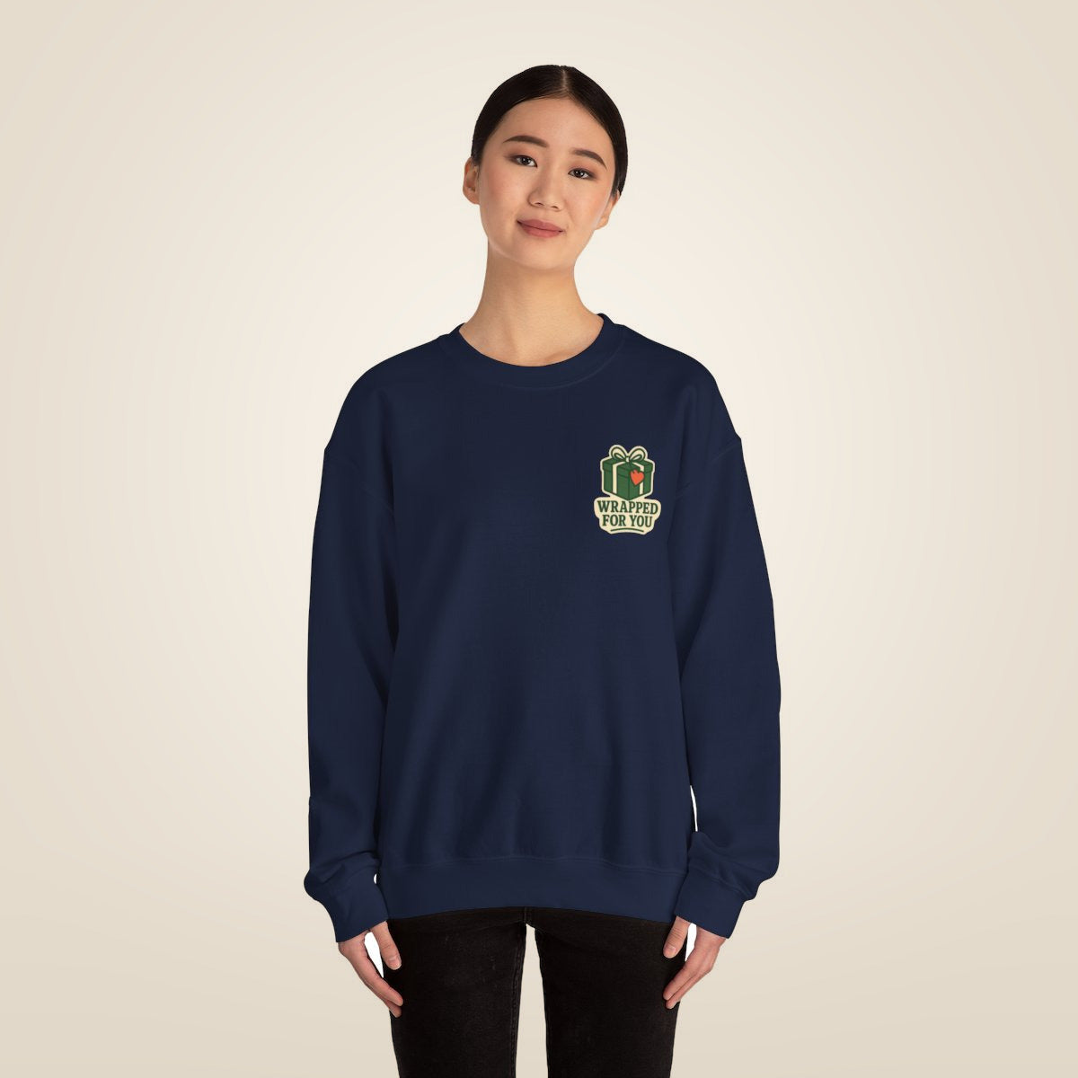 Holiday Gift Sweatshirt - Navy worn by a model | MR7ART