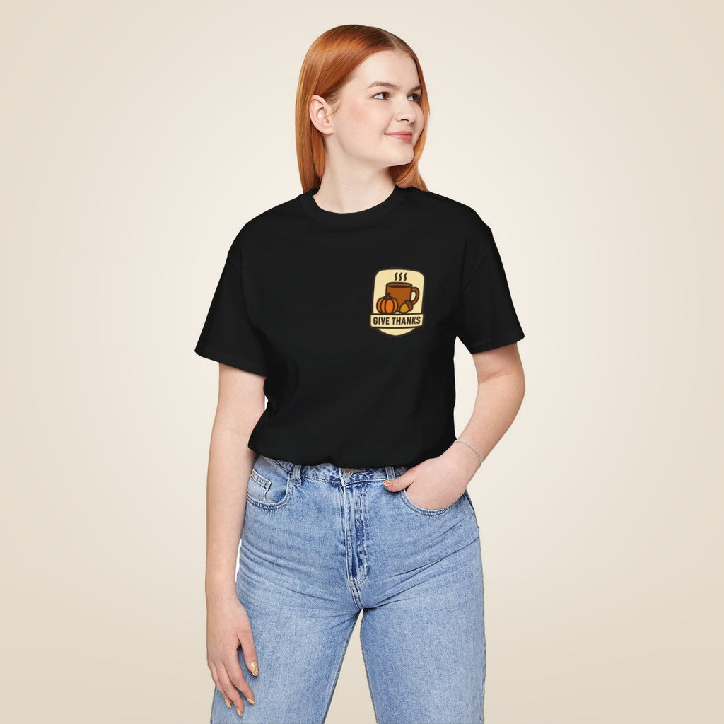 Thanksgiving Tee - Black worn by a model | MR7ART