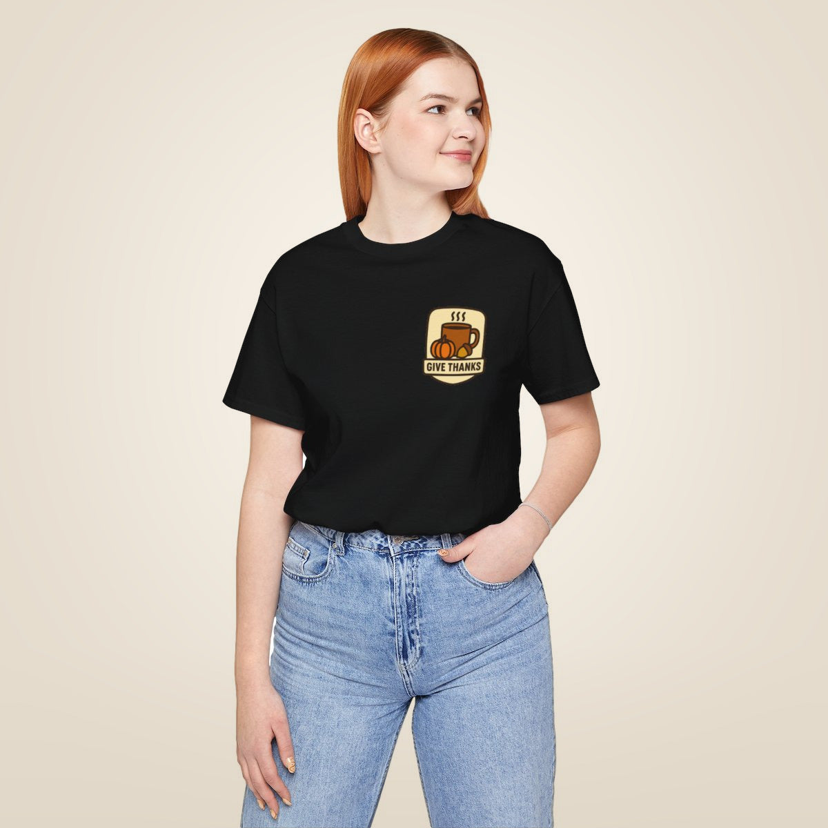 Thanksgiving Tee - Black worn by a model | MR7ART