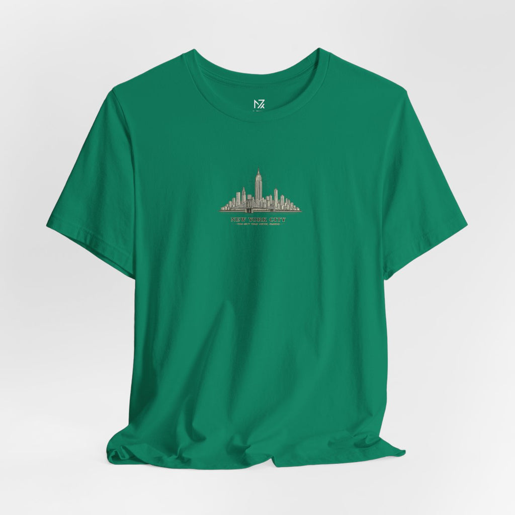 New York City skyline tee - Kelly flat lay | MR7ART