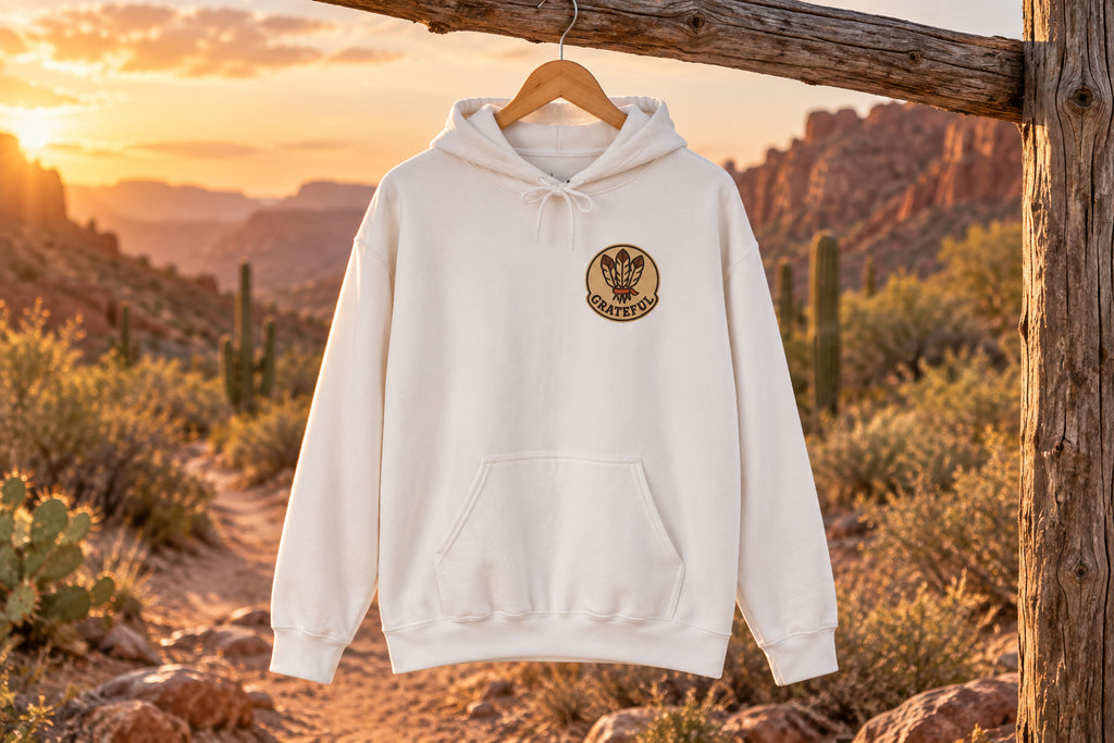 Thanksgiving Hostess Gift Hoodie - Sand on a wooden hanger outdoors | MR7ART