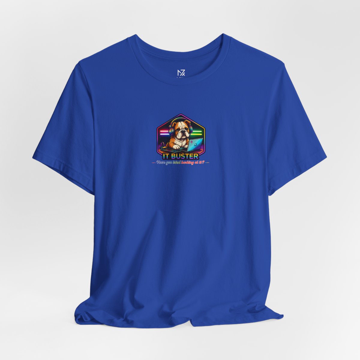 Retro Rainbow Dog Badge T-Shirt - True Royal flat lay | MR7ART