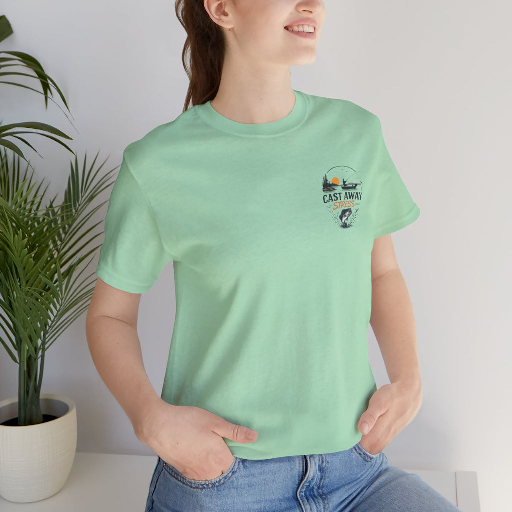 Fishing T-Shirt - "Cast Away" Graphic Tee with Sunset & Bass - Mint worn by a model | MR7ART