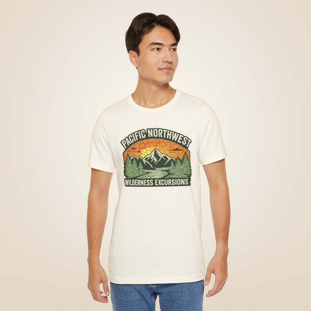 Pacific Northwest Wilderness Excursions T-Shirt - Natural worn by a model | MR7ART